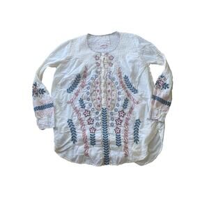 Johnny Was Floral Embroidered Beige Cotton Blouse Tunic 3J Workshop Medium Flaw